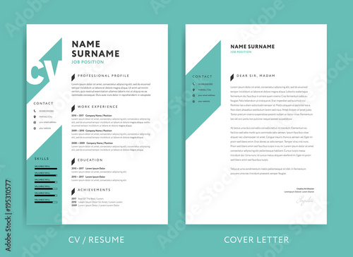 Creative CV / resume template teal green background color minimalist vector