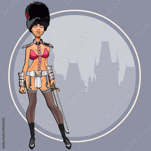 cartoon woman in sexy clothes imitating a soldier of the royal guard