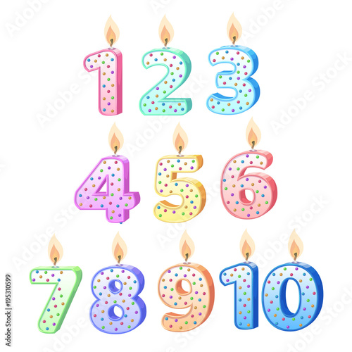 Age Birthday Numbers Candle. Colorful cute cartoon anniversary Candle. Use for birthday card and invitation. vector illustration