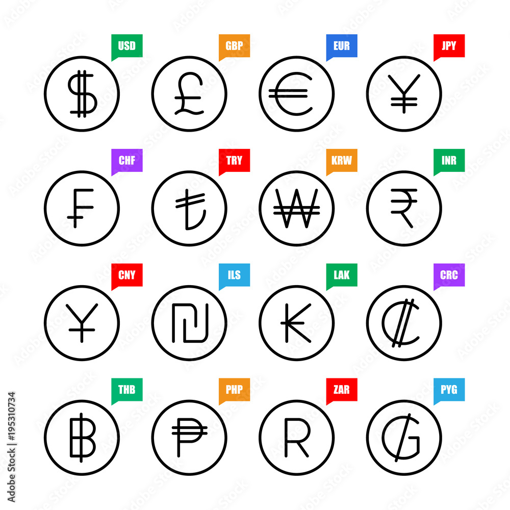 Currency signs. Money vector icons: US Dollar, UK Pound, Euro, Japanese  Yen, Swiss Franc, Turkish Lira, South Korean Won, Indian Rupee, Chinese  Yuan, Israel Sheqel, Kip, Colon, Baht, Peso, Rand, Colon Stock