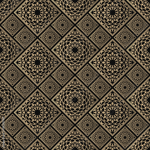 Seamless pattern oriental ornament. Black and golden textile print. Islamic vector design. Floral tiles.