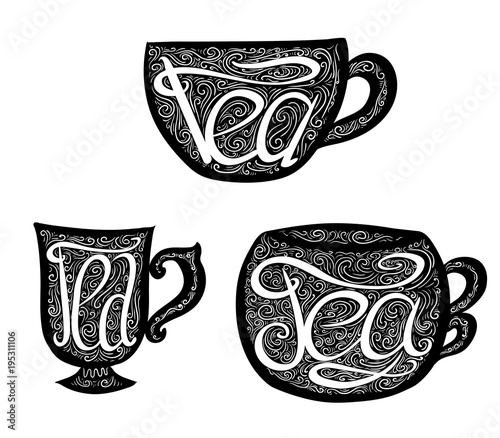 Set of black teacups with Lettering and doodle tracery. Hand drawn illustration. Vector element for your design.