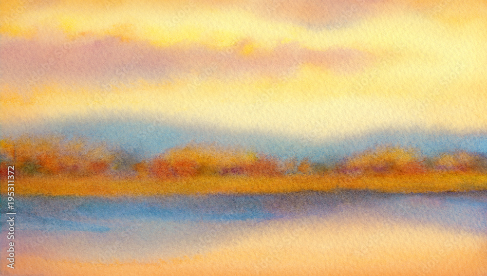Watercolor landscape. Sunset over lake