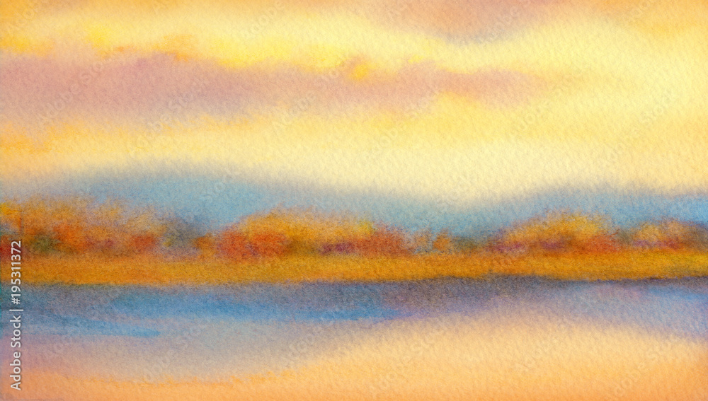 Fototapeta premium Watercolor landscape. Sunset over lake