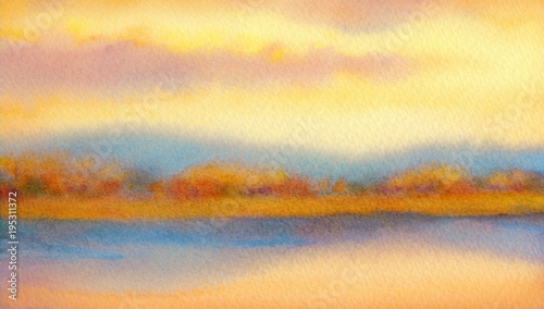 Fototapeta Naklejka Na Ścianę i Meble -  Watercolor landscape. Sunset over lake
