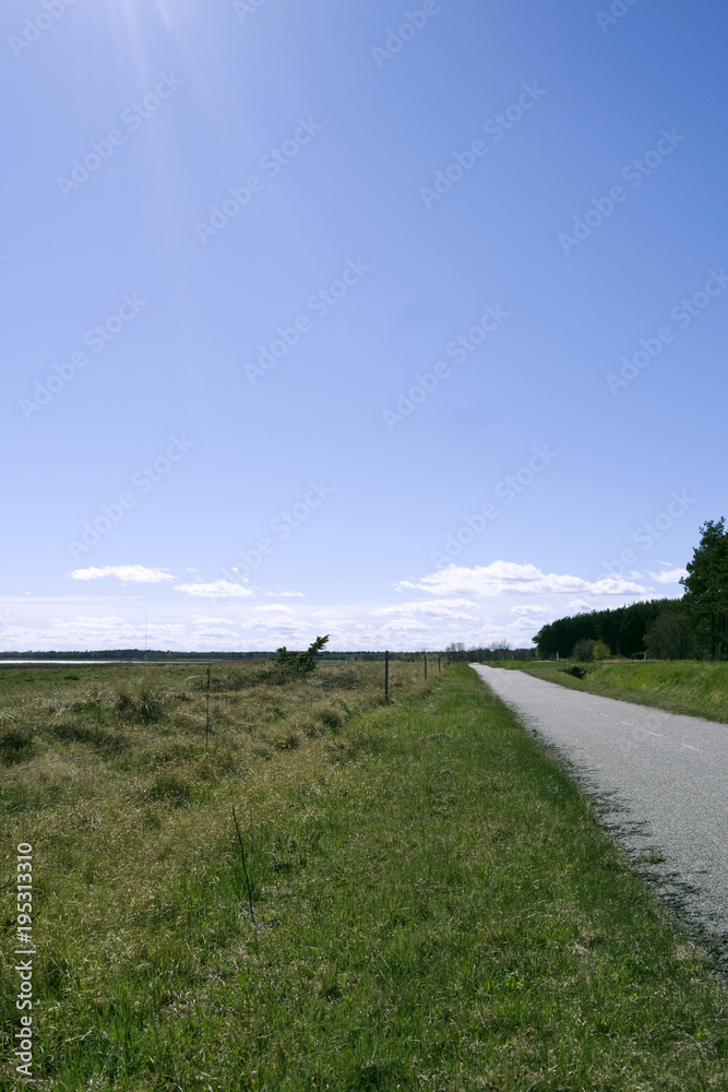 Laesoe / Denmark: Well-developed foot and bike path along the road between Byrum and Oesterby at the edge of the salt marshes at Bovet Bugt
