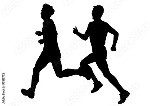 Athletes in a sporty uniform running a marathon on a white background