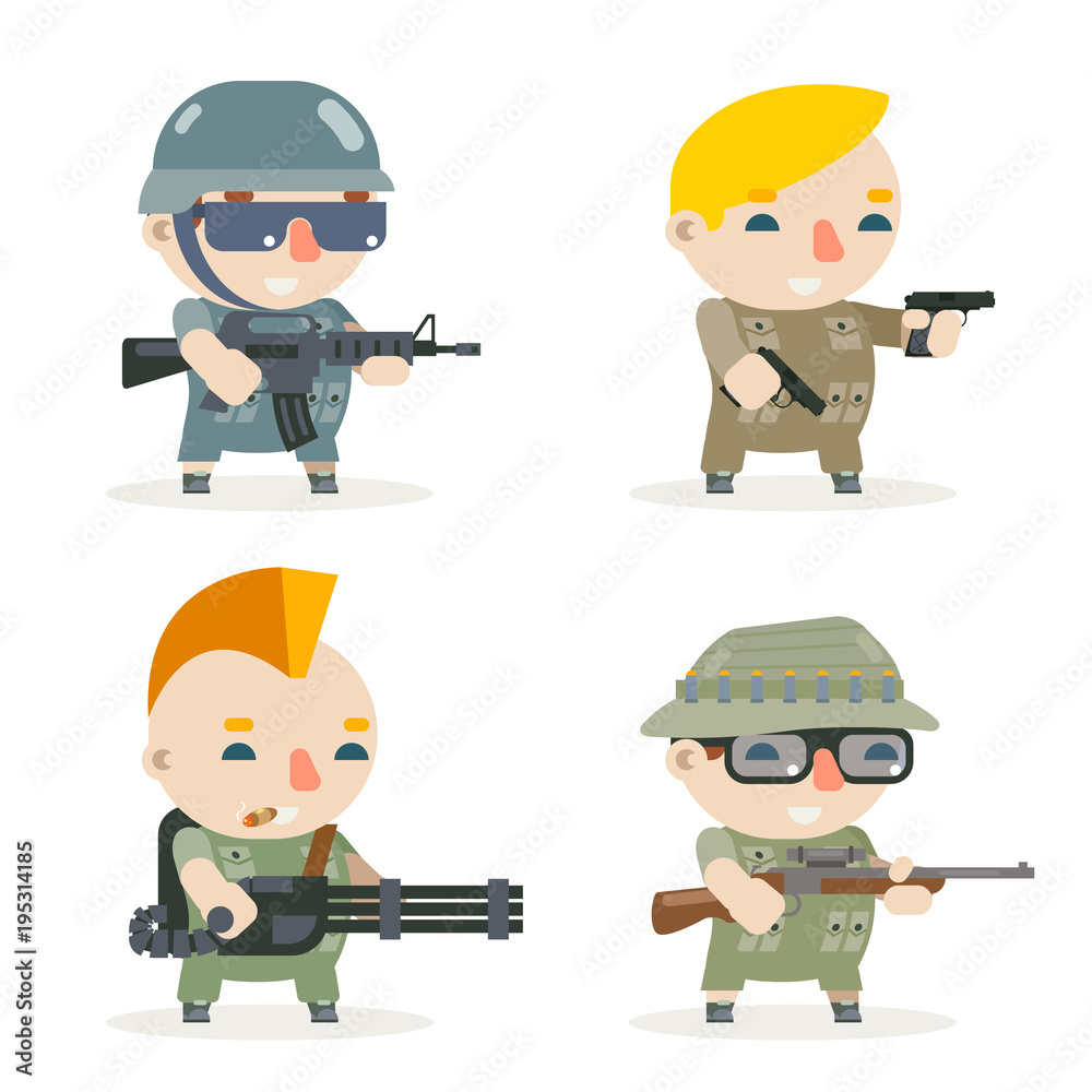 Battle war rpg game soldier heroes gunman rifleman sniper character vector icons set flat design vector illustration Stock Vector Adobe Stock