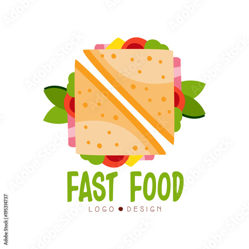 Fast food logo design, badge with sandwich sign, fast food menu vector Illustration on a white background