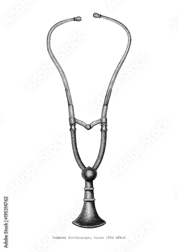 Vintage stethoscope hand drawing engraving style on white background
