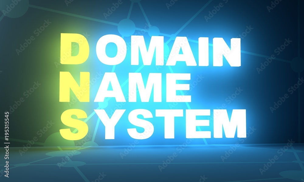 Acronym DNS - Domain Name System. Internet conceptual image. 3D rendering. Neon bulb illumination