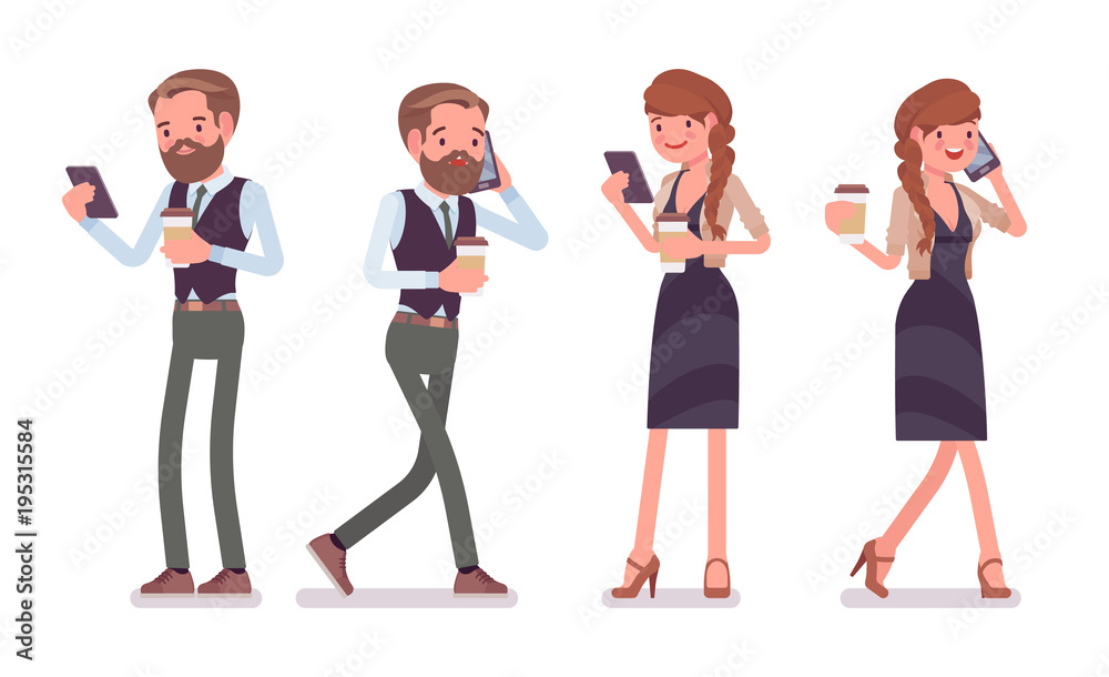 Obraz premium Handsome male and pretty female office employee with phone, coffee