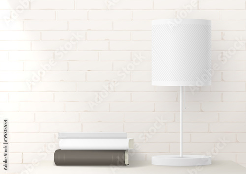 Mockup with a bright lamp on a brick wall. The interior is loft-style. Background in vector graphic. Books on the dresser in a bright room.