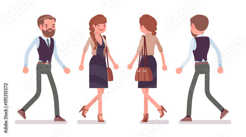 Handsome male and pretty female office employee walking