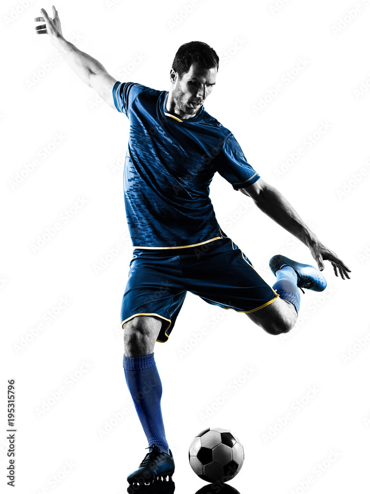 Fototapeta premium one caucasian soccer player man playing kicking in silhouette isolated on white background