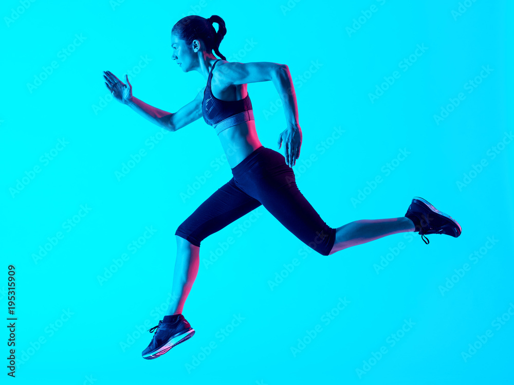 one mixed races woman runner running   isolated on blue blackground
