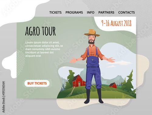 Happy farmer on the farm. Man welcomes visitors to the farm. Agriculture, farming, agrotourism. Design template of website, poster, print media. Vector illustration.