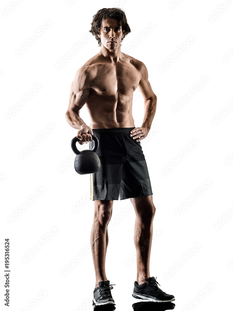 one caucasian man fitness weitghs training exercises studio in silhouette isolated on white background one caucasian man fitness weitghs training exercises studio in silhouette isolated on white background