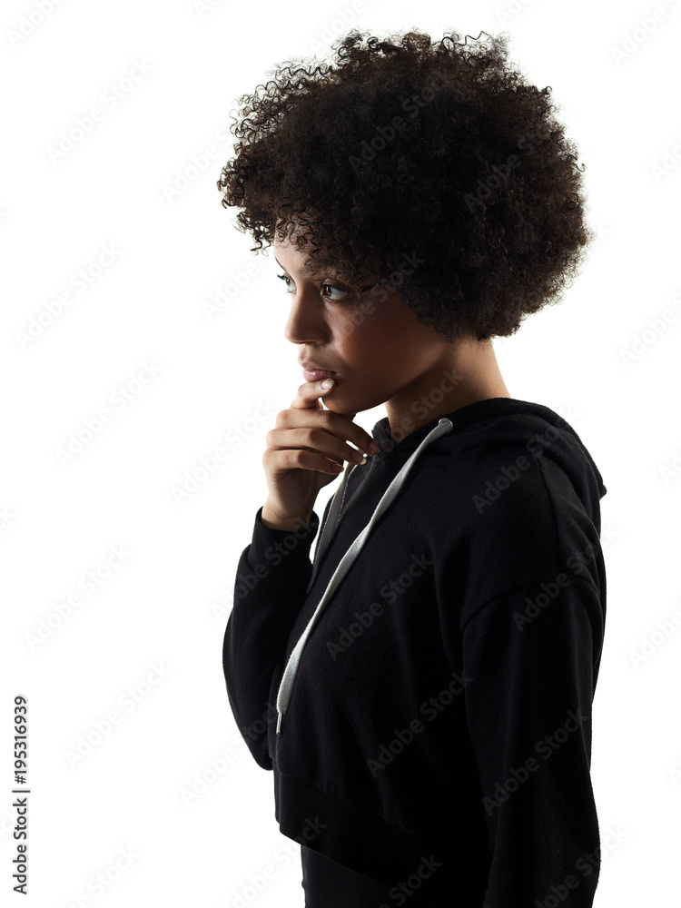 one mixed race african young teenager girl woman thinking in studio shadow silhouette isolated on white background one mixed race african young teenager girl woman thinking in studio shadow silhouette isolated on white background