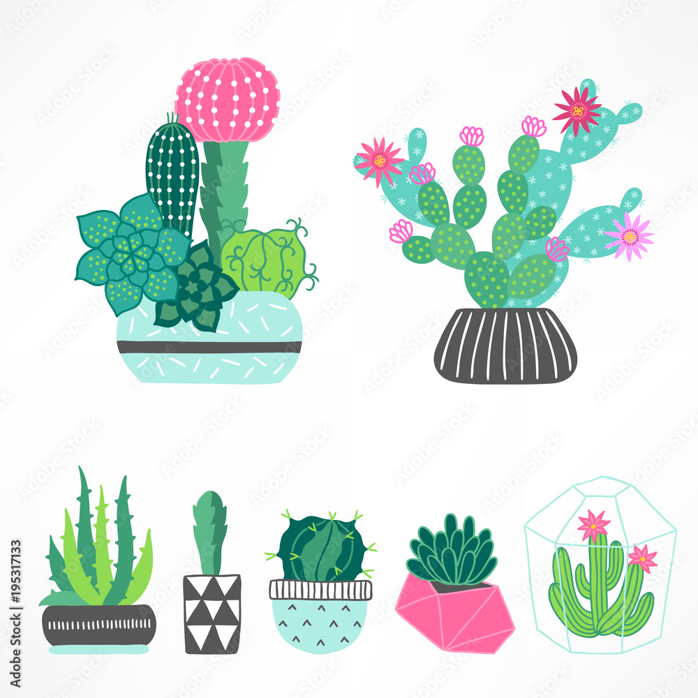 Set of cactuses and succulents with pots in Green, Turquoise Set of cactuses and succulents with pots in Green, Turquoise