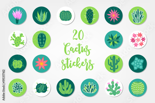 Set of twenty summer stickers with cactuses and succulents