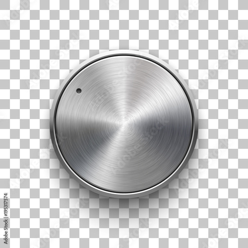 Audio volume knob, technology music button template, with metal circular brushed texture, chrome, silver, steel and realistic shadow for design concepts, web, interfaces, UI, apps. Vector Illustration