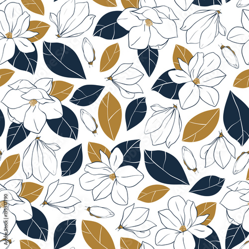 Vector seamless pattern with botanical elements. Magnolia flowers buds and leaves in deep blue and mustard colors on white background. Design for print wrapping paper.