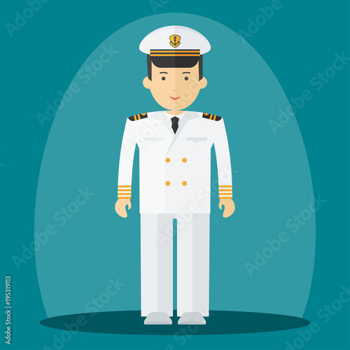 Captain of ship in white suit. Command of military cruiser, a cruise liner. Flat vector cartoon illustration. Objects isolated on a white background.