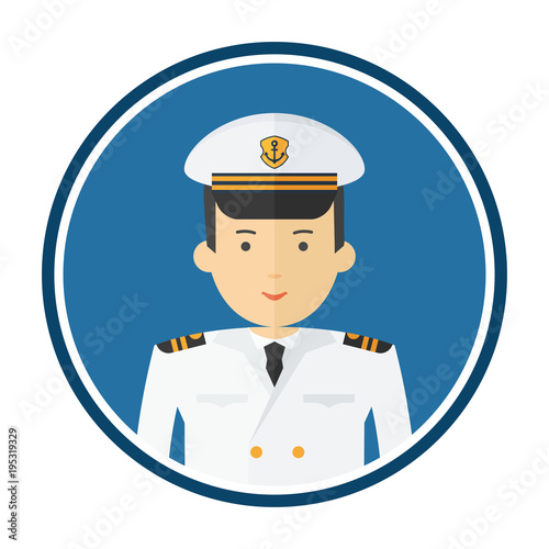 Captain of ship in white suit. Command of military cruiser, a cruise liner. Flat vector cartoon illustration. Objects isolated on a white background.
