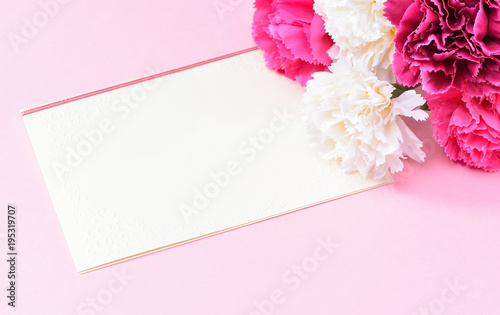 May Mother's Day Carnation Bunch of Flowers Bouquet with Gift Card Top View, Blank for Text, Pink