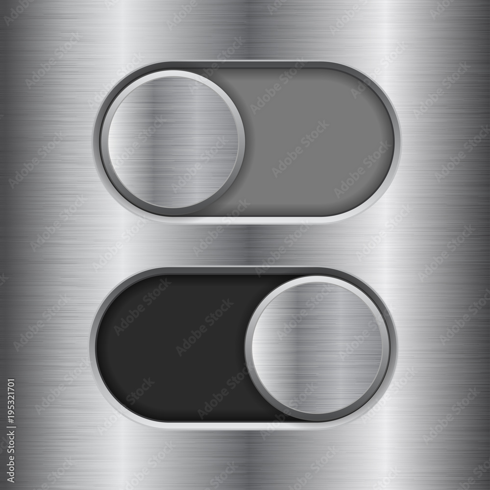 On and Off round slider buttons. Metal switch interface buttons on iron background On and Off round slider buttons. Metal switch interface buttons on iron background