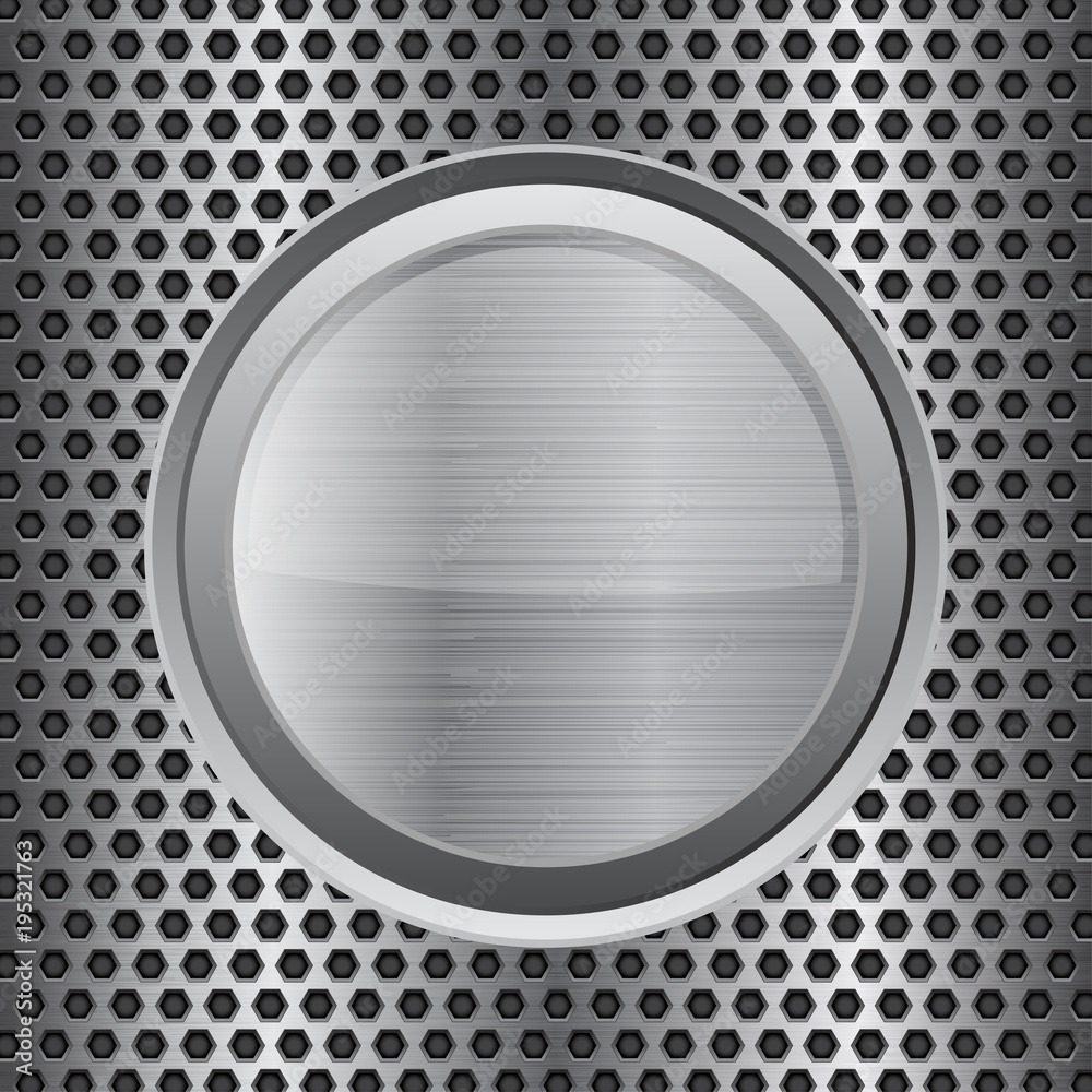 Metal perforated background with stainless steel round plate Metal perforated background with stainless steel round plate