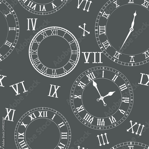 Time seamless pattern. Clocks, clock faces, roman numerals