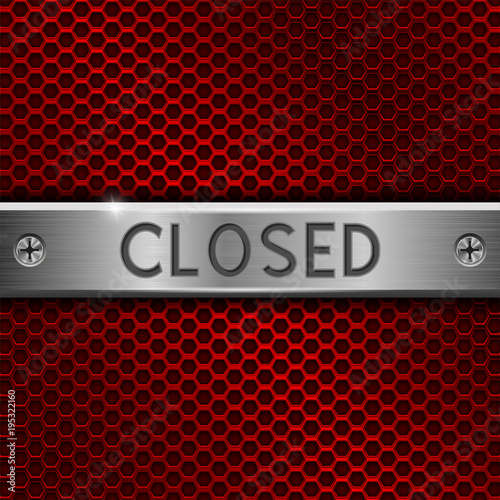 Closed metal plate, with screws. On red perforated background