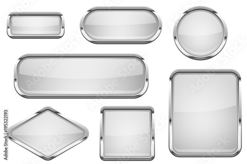 White glass buttons with chrome frame. Set of shiny 3d web icons