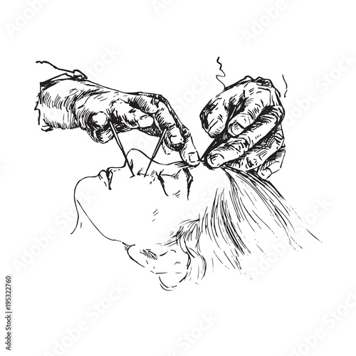 Doctor insert acupuncture needles in beautiful woman face, hand drawn doodle, sketch in pop art style, black and white medical closeup vector illustration