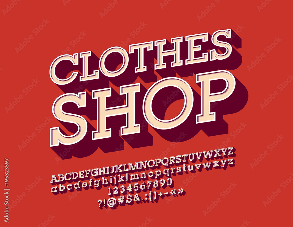 Vector cool angled Alphabet with Logotype Clothes Shop. Set of vintage 3D Letters, Numbers and Symbols