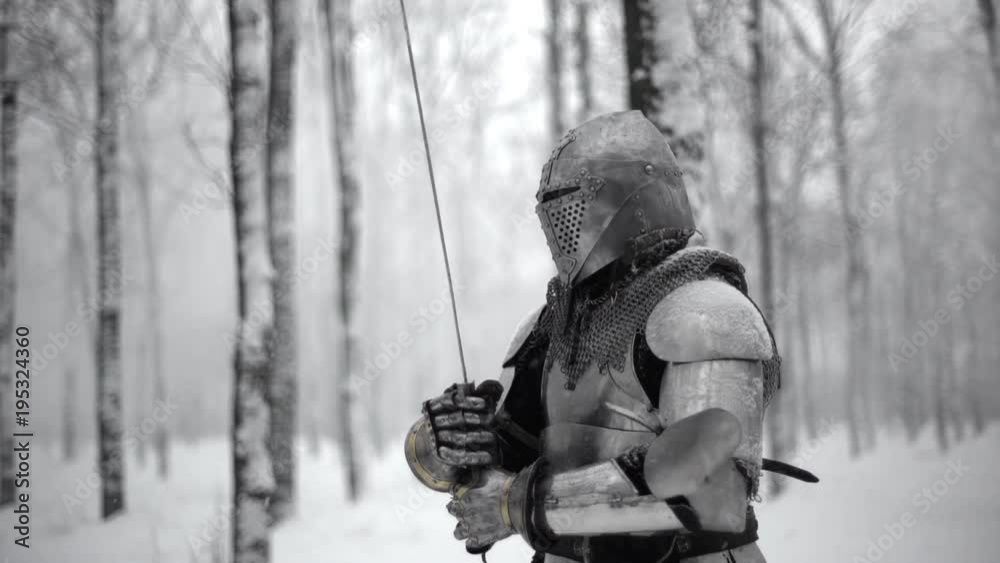 Portrait of brave warrior wearing steel armor and helmet preparing for swordfight, on battlefield in winter wood slow motion. Reconstruction of historical times Portrait of brave warrior wearing steel armor and helmet preparing for swordfight, on battlefield in winter wood slow motion. Reconstruction of historical times