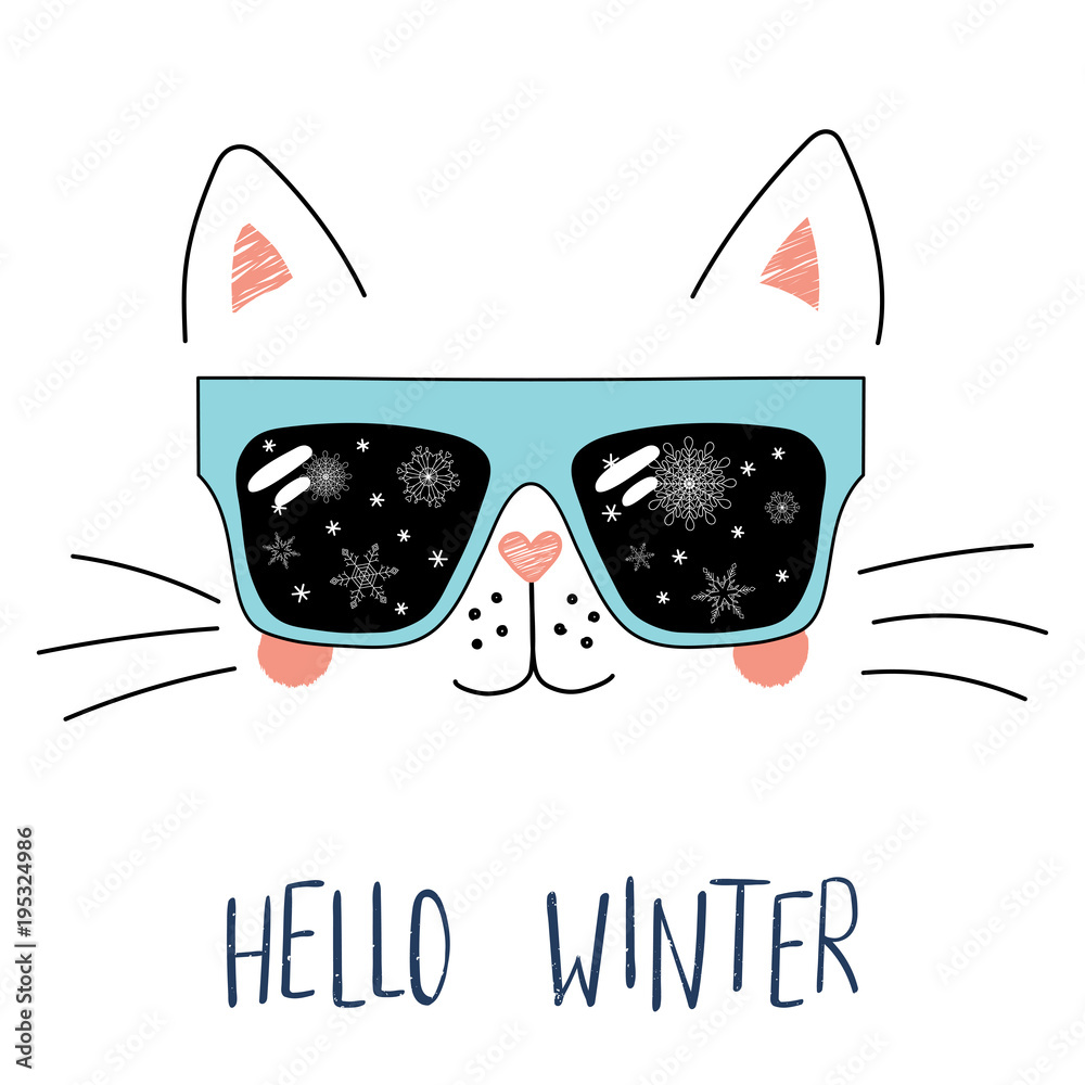 Hand drawn portrait of a cute cartoon funny cat in sunglasses with  snowflakes reflection, text Hello Winter. Isolated objects on white  background. Vector illustration. Design for change of seasons. Stock Vector  |