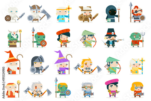 Set fantasy rpg game heroes villains minions character vector icons flat design vector illustration
