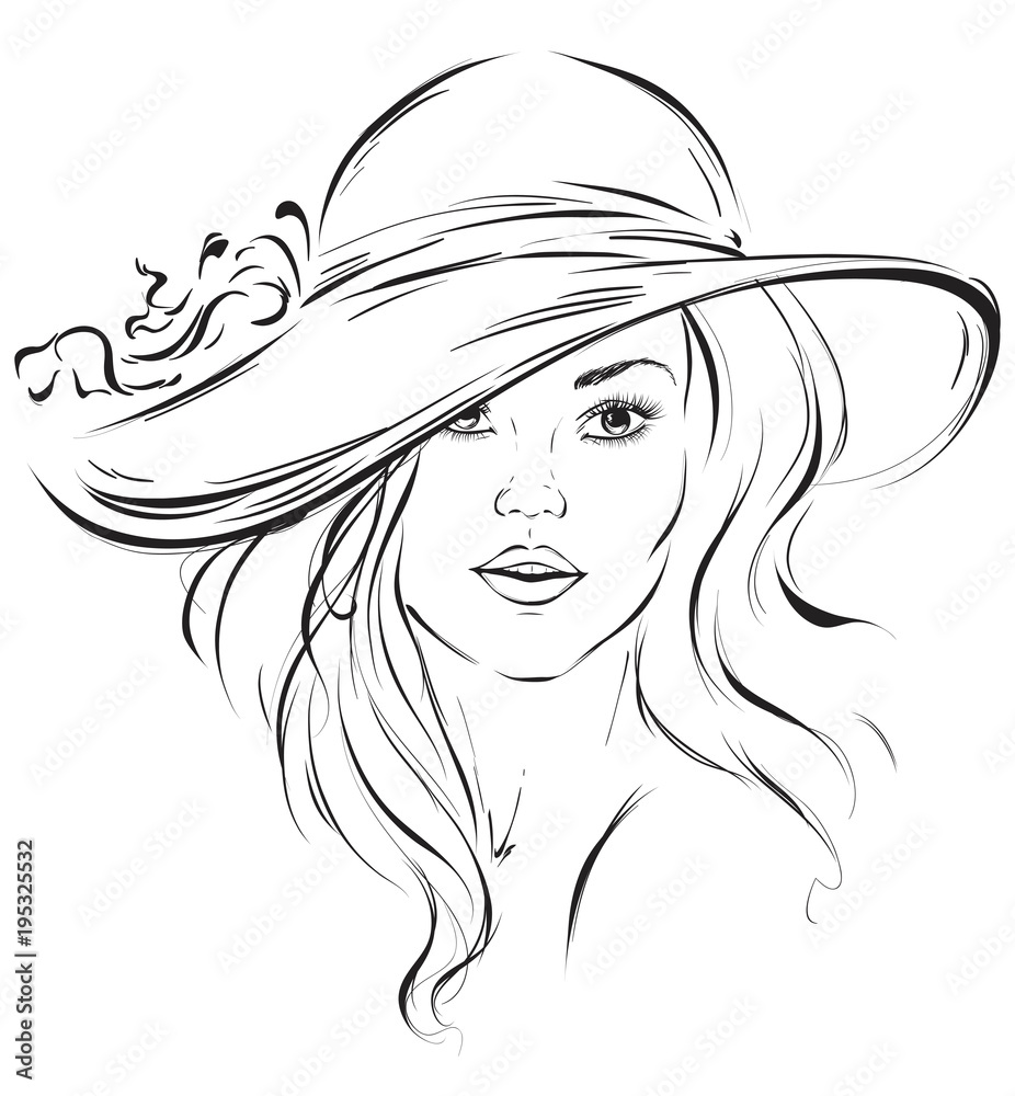 Graphic portrait of a young beautiful girl in a hat. Vector illustration Graphic portrait of a young beautiful girl in a hat. Vector illustration