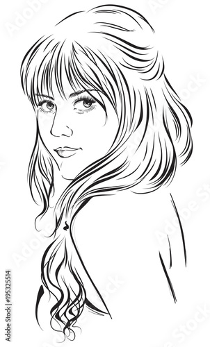 Graphic image of a young beautiful girl with long hair. Vector illustration