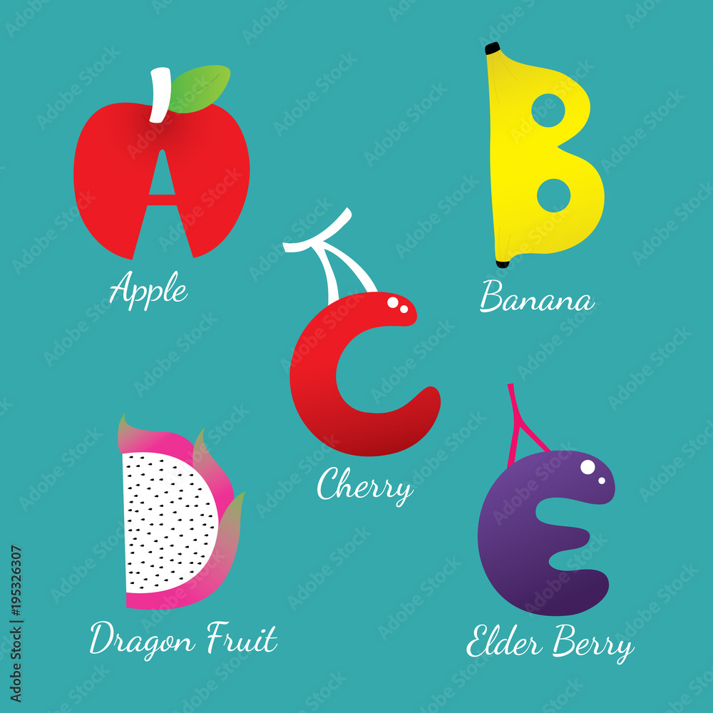 Cartoon cute alphabet A-E fruits, Green background vector. Stock Vector ...