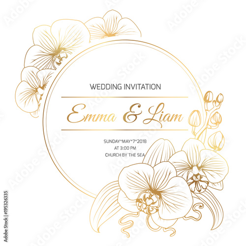 Phalaenopsis orchid flowers border frame decoration. Wedding marriage event invitation template. Modern luxury bright shiny golden gradient. Title text placeholder. Vector design illustration.