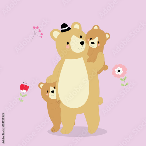 Cartoon cute Daddy bear is walking with little bears vector.