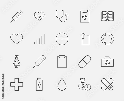 Set of medicine vector line icons. It contains the first aid kit, nurse, syringe, thermometer, plastic, pills, heart, drop of blood, palpitation and much more. Editable move. 32x32 pixels.
