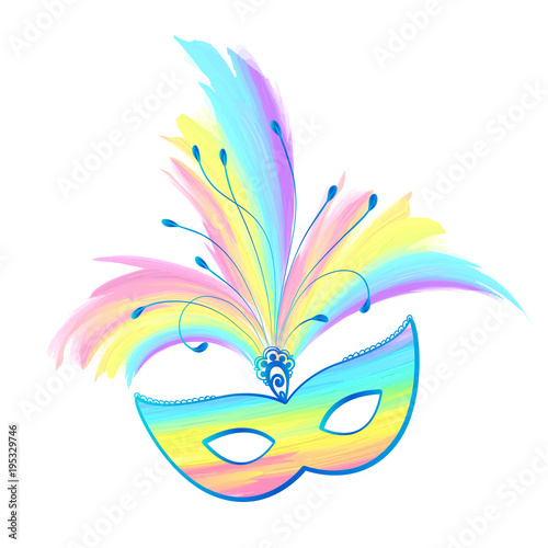 Rainbow pastel colors vector carnival mask with feathers