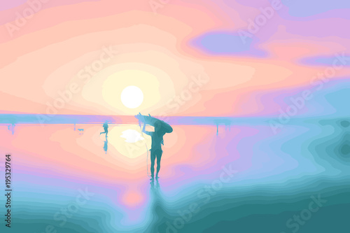 Vivid pastel colors vector sunset beach surfing poster