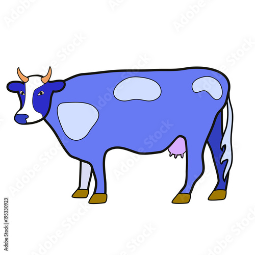 A cow with an udder. Illustration in purple tones. Isolated image on white background. Vector.