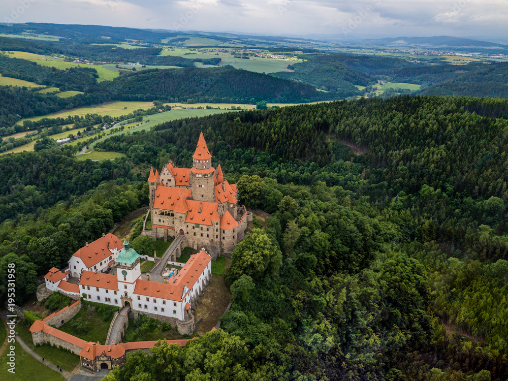 Aerial of medieval castle on the hill in Czech region of Moravia